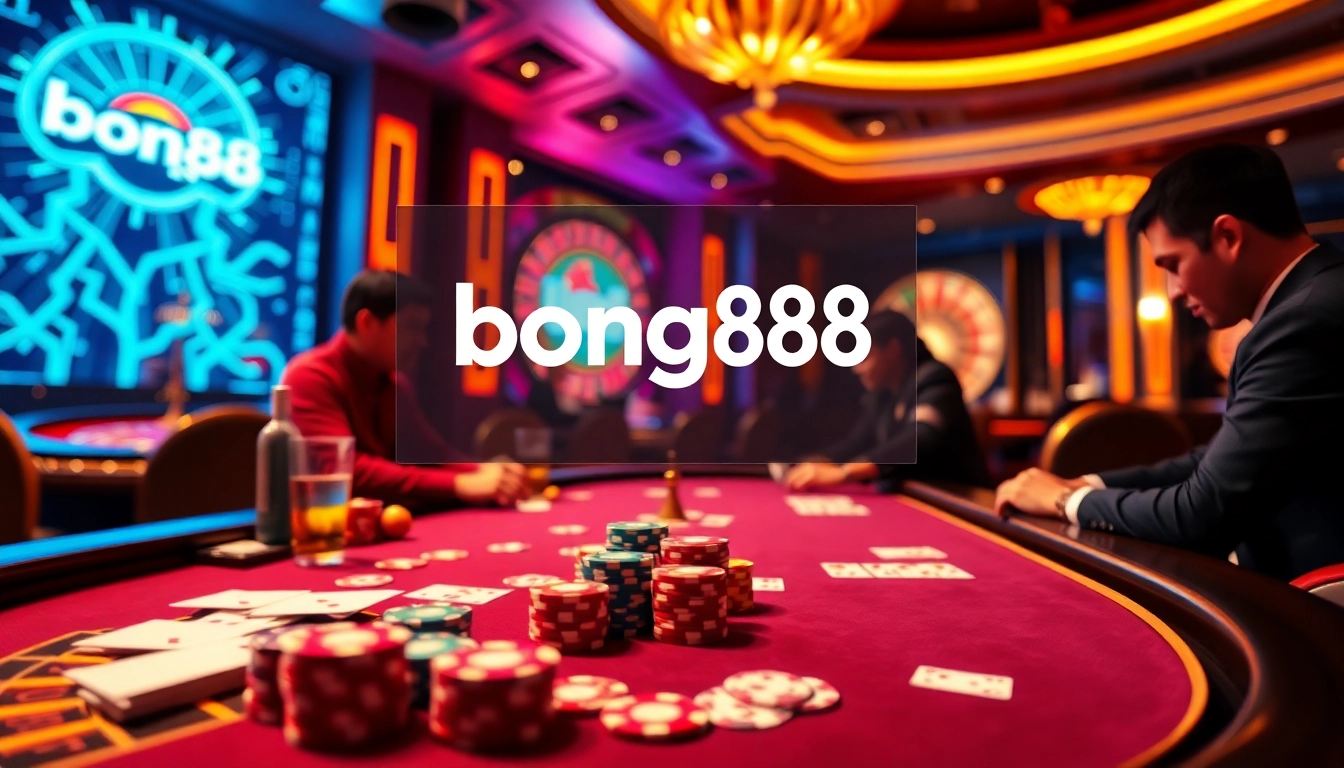 Players engaging in a thrilling poker game at the bong88 casino, showcasing vibrant chips and cards.