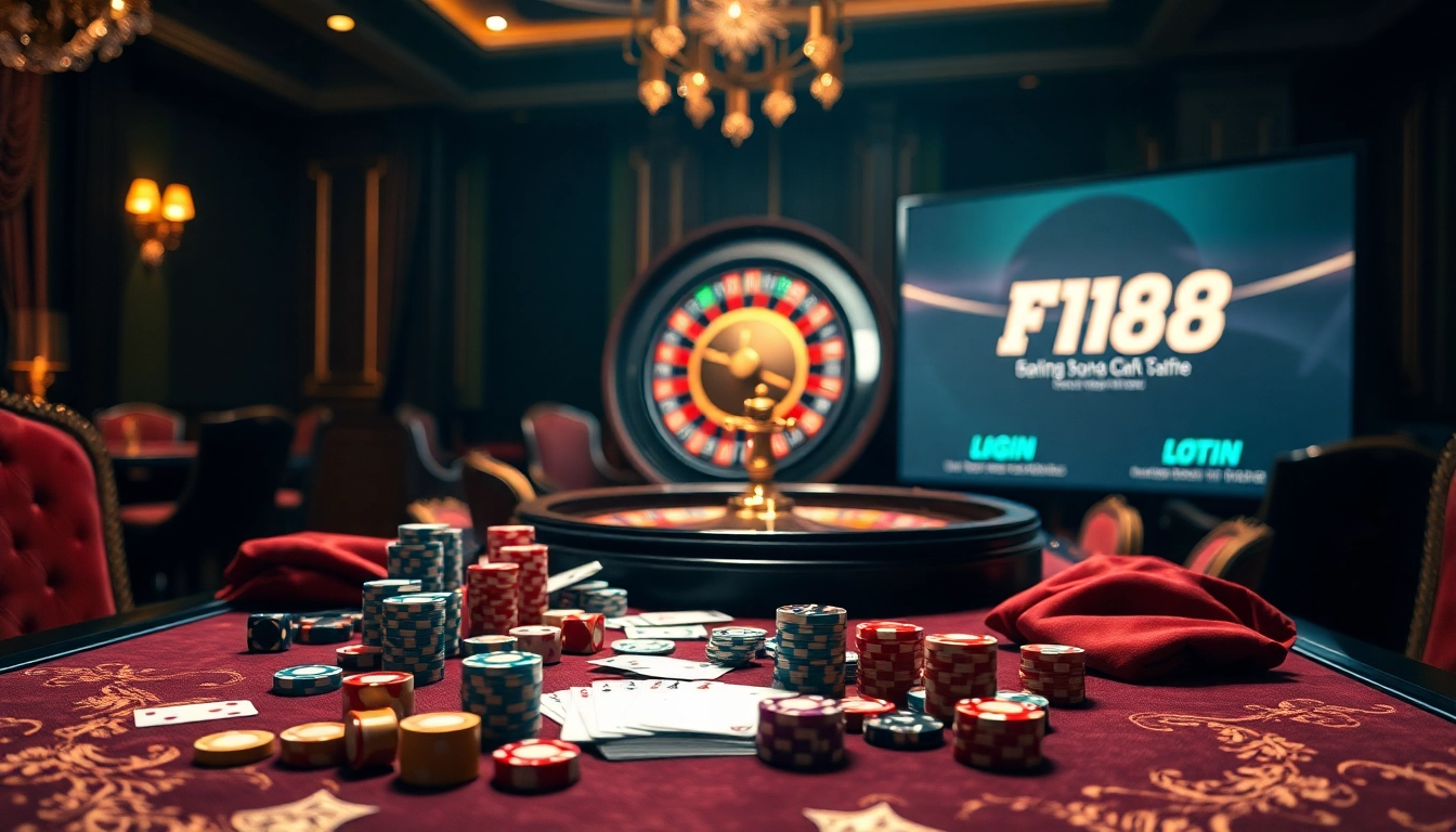 Experience F168 đăng nhập with an elegant gambling scene featuring poker chips, cards, and roulette.