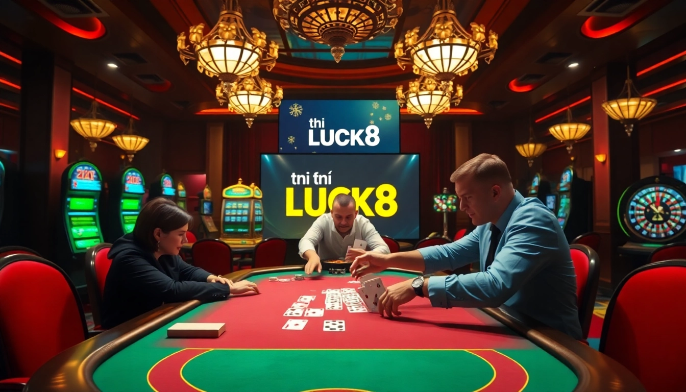 Experience the excitement of tải LUCK8 with vibrant casino visuals showcasing poker and slot machines.