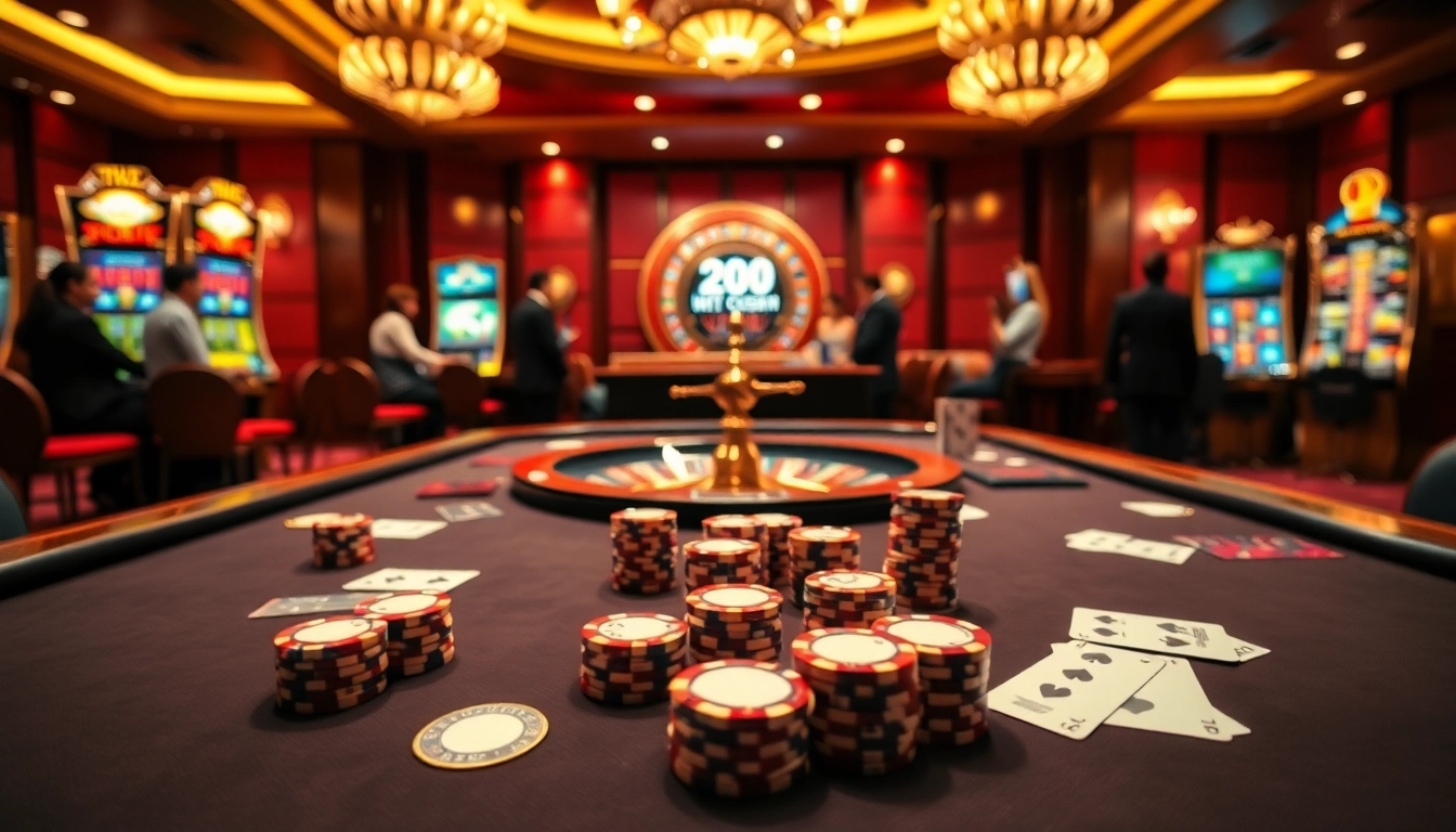 Experience the luxury of gaming at https://tr88vip.co.com/ with a vibrant casino scene featuring poker, roulette, and slot machines.