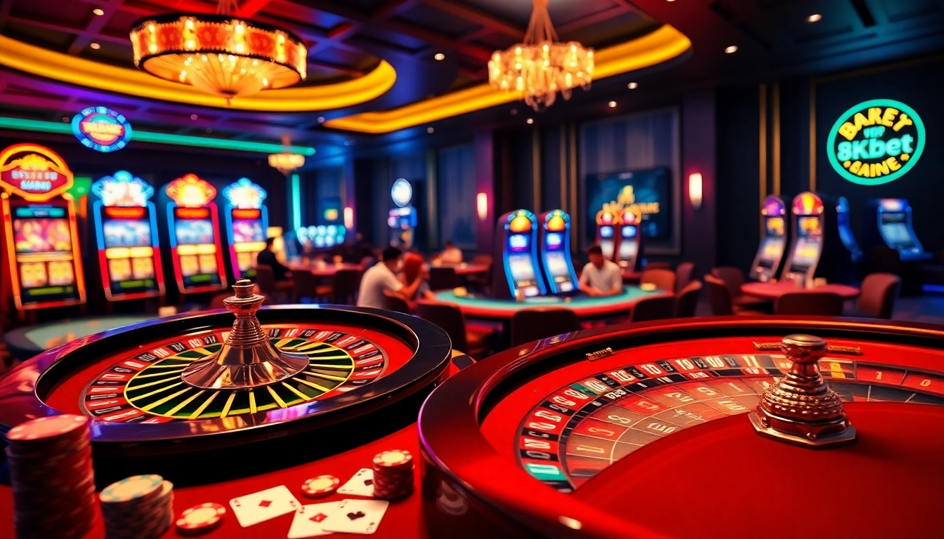 Experience the excitement of 8KBET with lavish casino tables and vibrant slot machines.