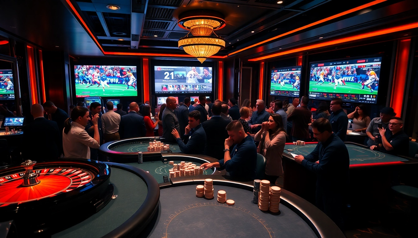 Exciting gambling scene showcasing OK9 THỂ THAO sports betting tables and live game action.