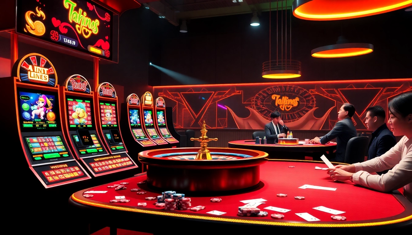 A lively casino environment featuring the thrilling atmosphere of online gambling at https://888vi.codes/ with dynamic slot machines and a roulette wheel.