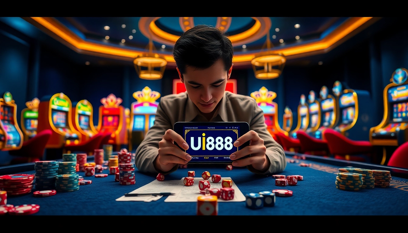 Join the excitement at UU88, set against a vibrant backdrop of online gambling with casino tables and slot machines.