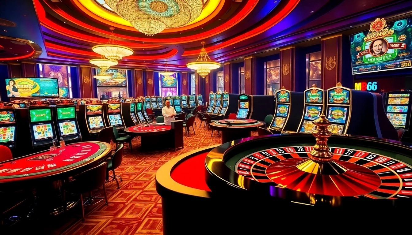 Experience the excitement of online gaming at trang chủ MB66, showcasing vibrant casino tables and thrilling slot machines.