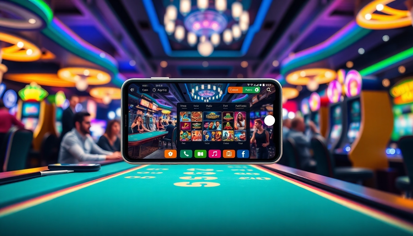 Engaging BK860S app displayed on a smartphone in a vibrant casino atmosphere.