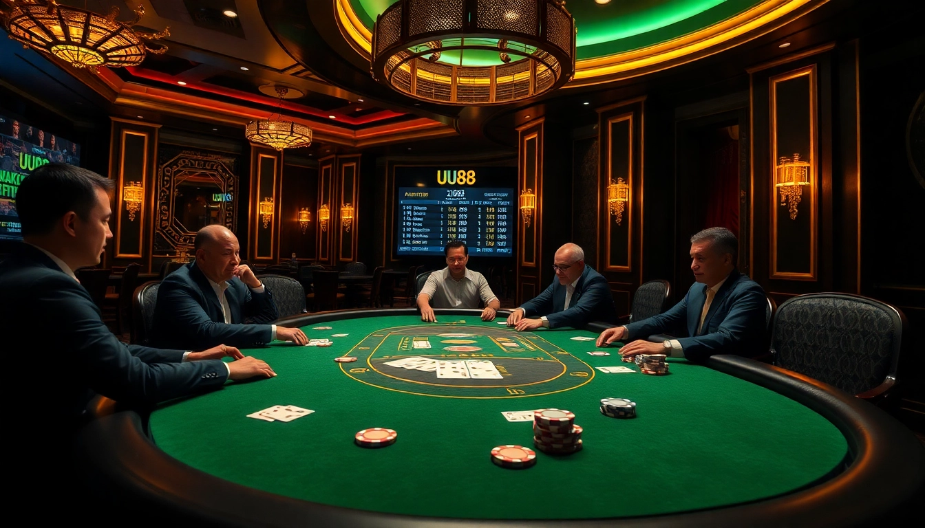 Play poker with excitement at uu88 in a luxurious casino setting filled with vibrant excitement.