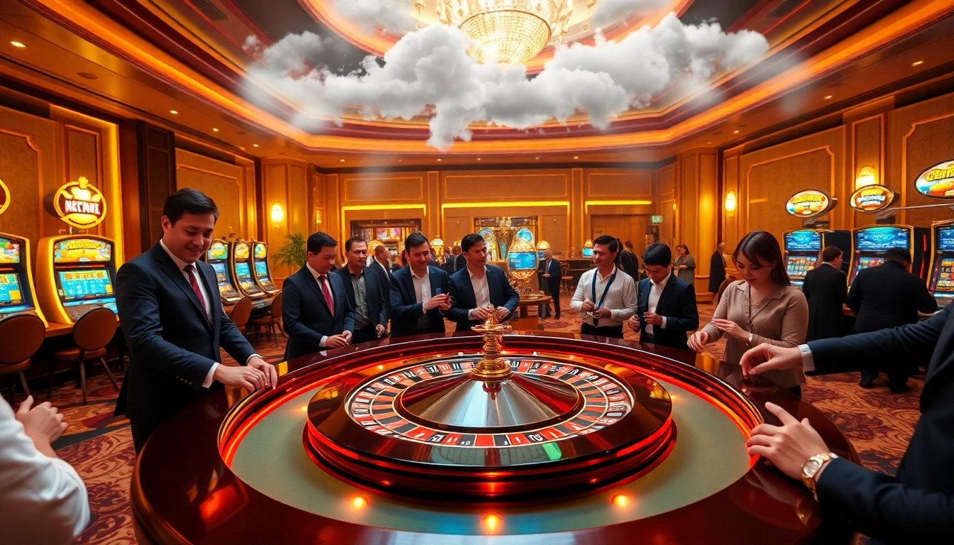 Engaging scene of a casino with players at a roulette table, linking Giải mã giấc mơ to gambling excitement.