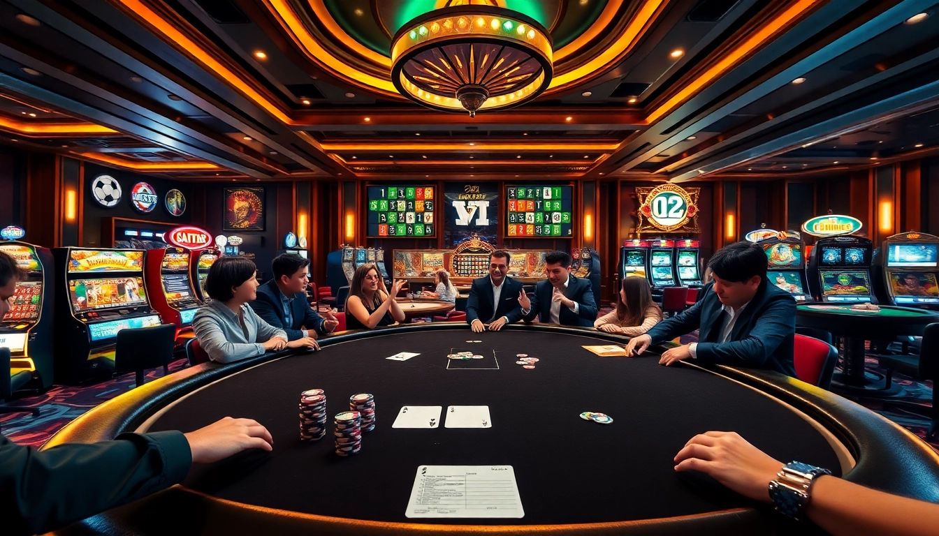 Experience the thrill of gambling at https://i9bet.space/ with an upscale casino setting featuring poker tables and roulette wheels.