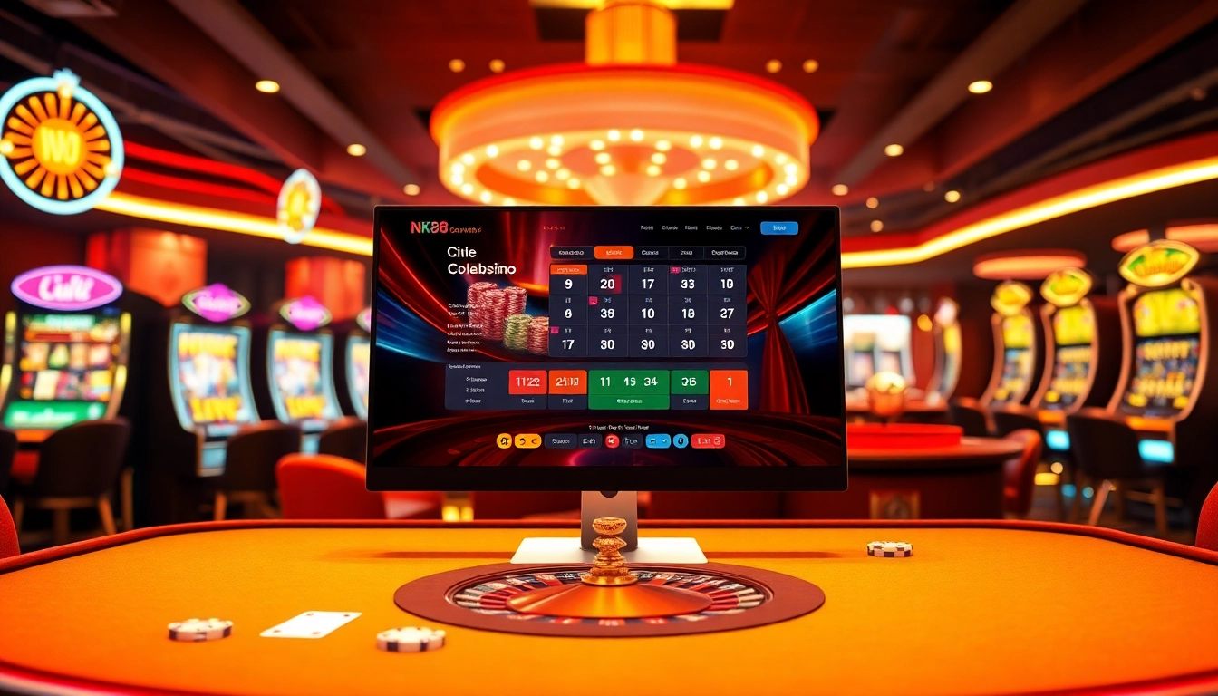 Players engaging with exciting games on https://nk88s.com/ in a vibrant casino atmosphere filled with colorful chips and a roulette wheel.