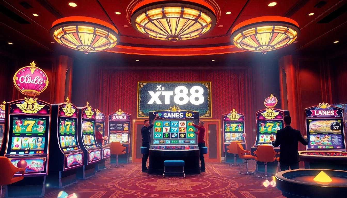 Nổ hũ xn88 slot machines showcase vibrant jackpots and excitement in a luxurious casino setting.