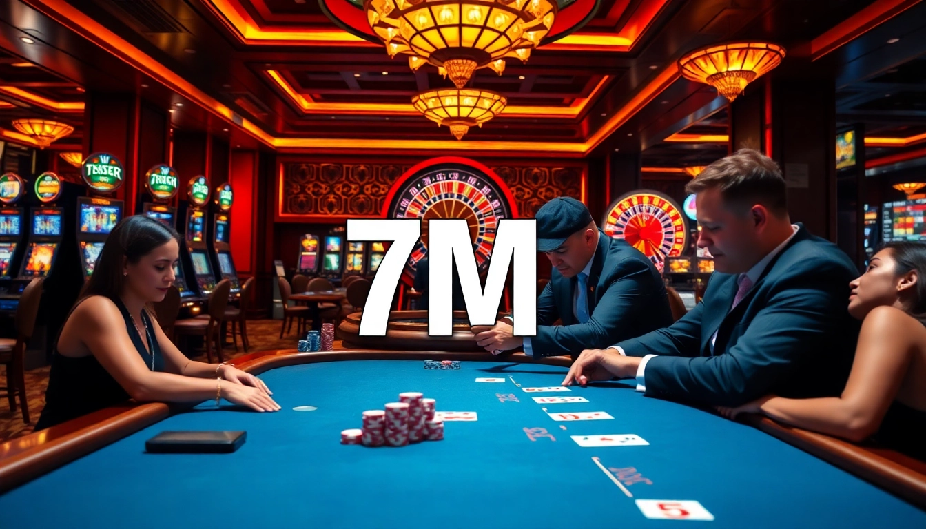 Players enjoy thrilling games at an upscale casino featuring 7M stakes and excitement.
