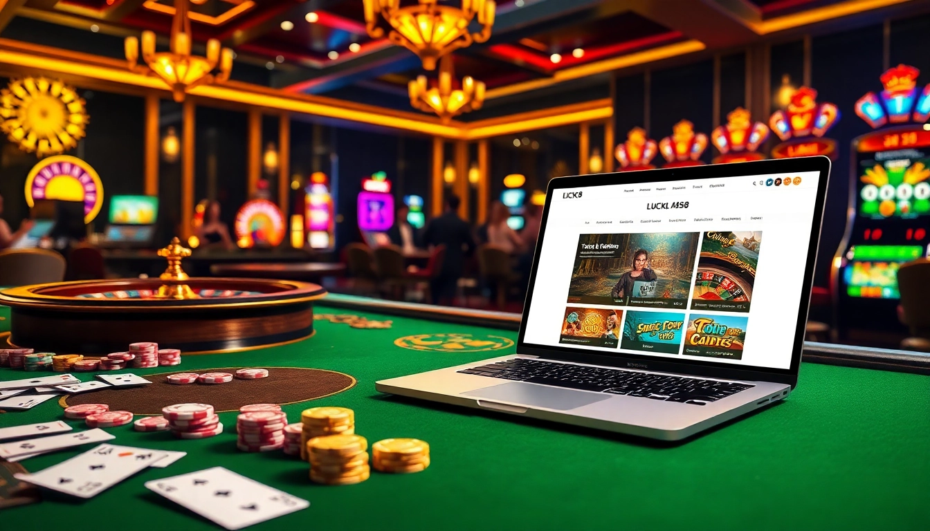 Exciting scene featuring nhà cái LUCK8 with casino table and online gambling experience.