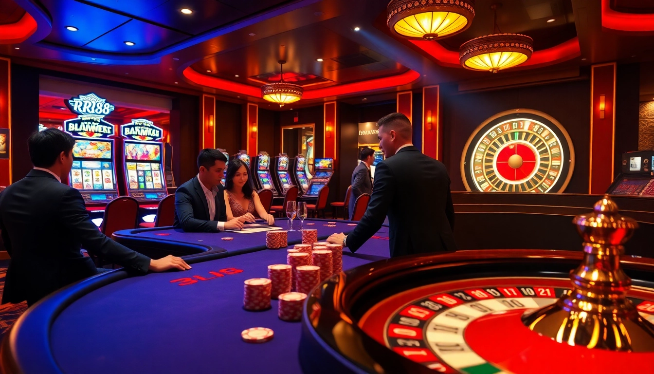 An engaging scene of gamblers enjoying games at the trang chủ rr88, showcasing poker chips and a roulette wheel.
