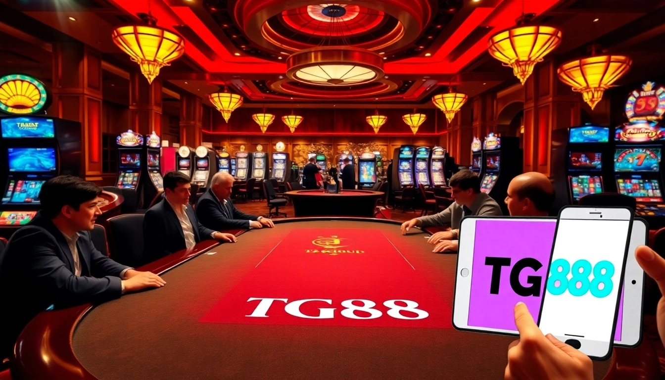 Engage in thrilling games at TG88 link, featuring a vibrant casino atmosphere with poker chips and high-stakes betting.
