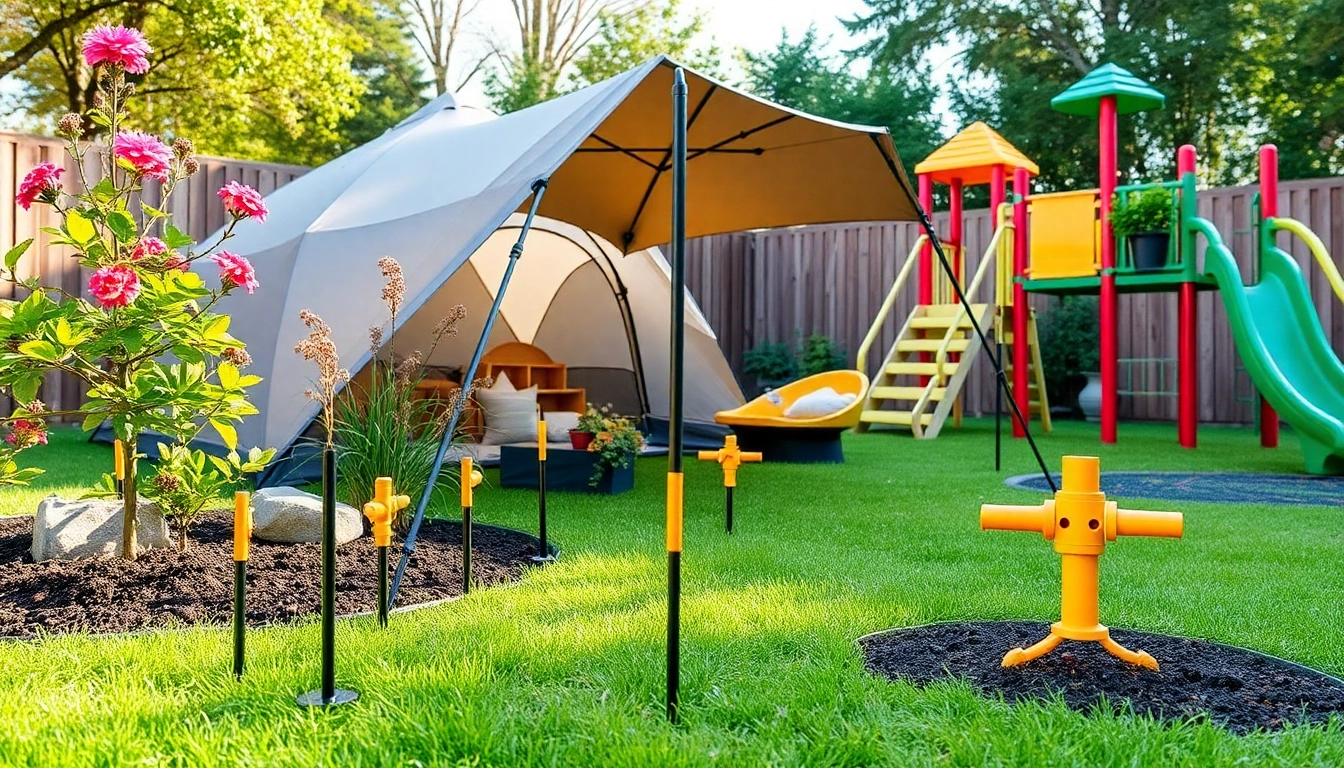 יתדת אנקור חזקה מוצגת בגינה תוססת עם צמחים תומכים וציוד מעוגן.