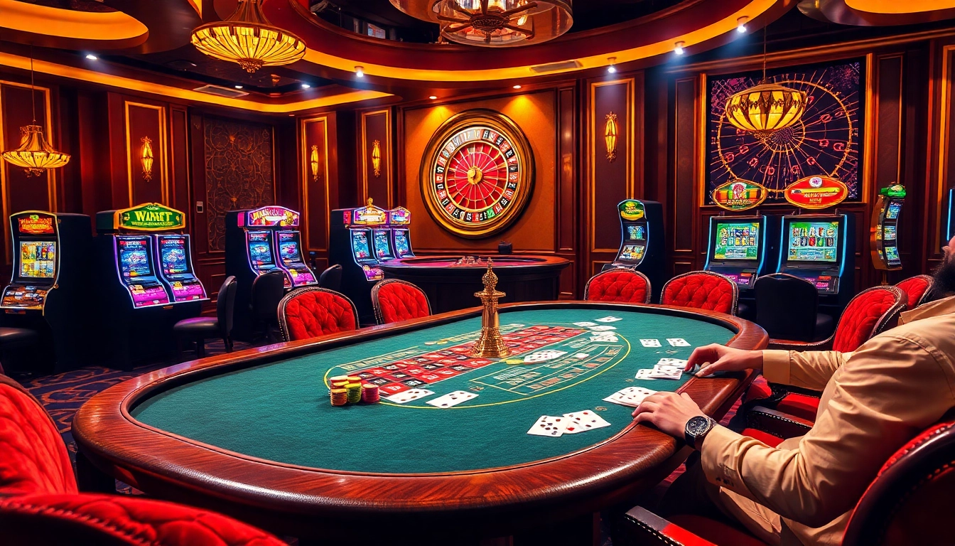 Engaging gamblers playing cards at the luxurious 789P casino table, showcasing vibrant chips and roulette wheel atmosphere.