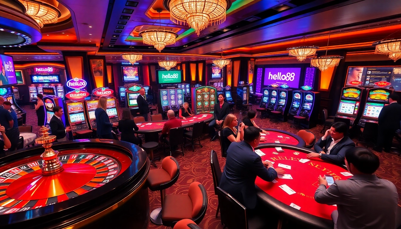 Players enjoying games at hello88, featuring vibrant roulette and poker tables in a luxury casino.