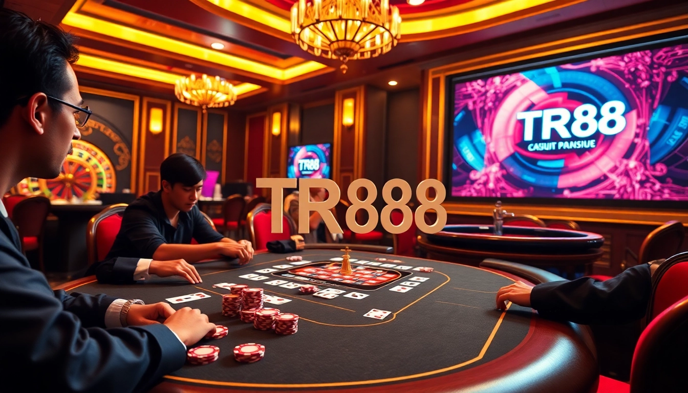 Engage in an exciting poker game at TR88's luxurious casino with vibrant chips and cards.