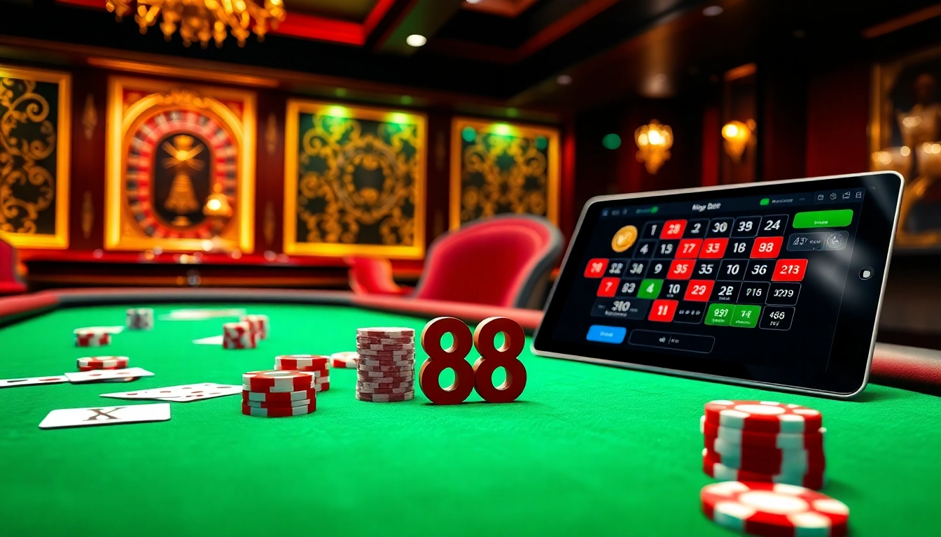 king 88 gaming table featuring poker chips and cards in a luxurious casino setup