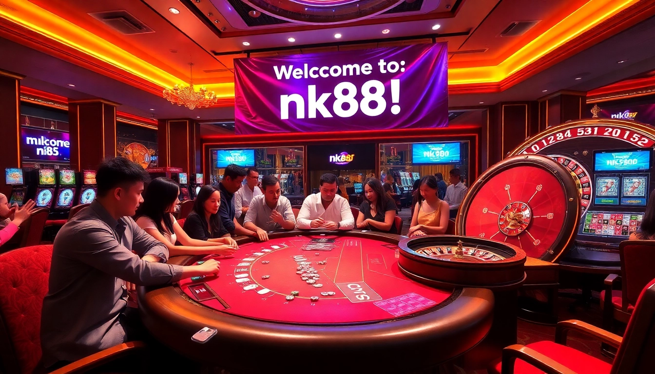 Engaged players at nk88 poker table in an exciting casino atmosphere.