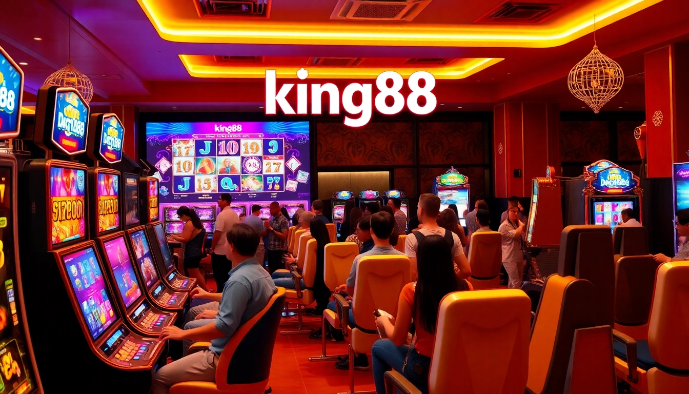 A thrilling online casino scene featuring king88 with vibrant gaming machines and enthusiastic players.
