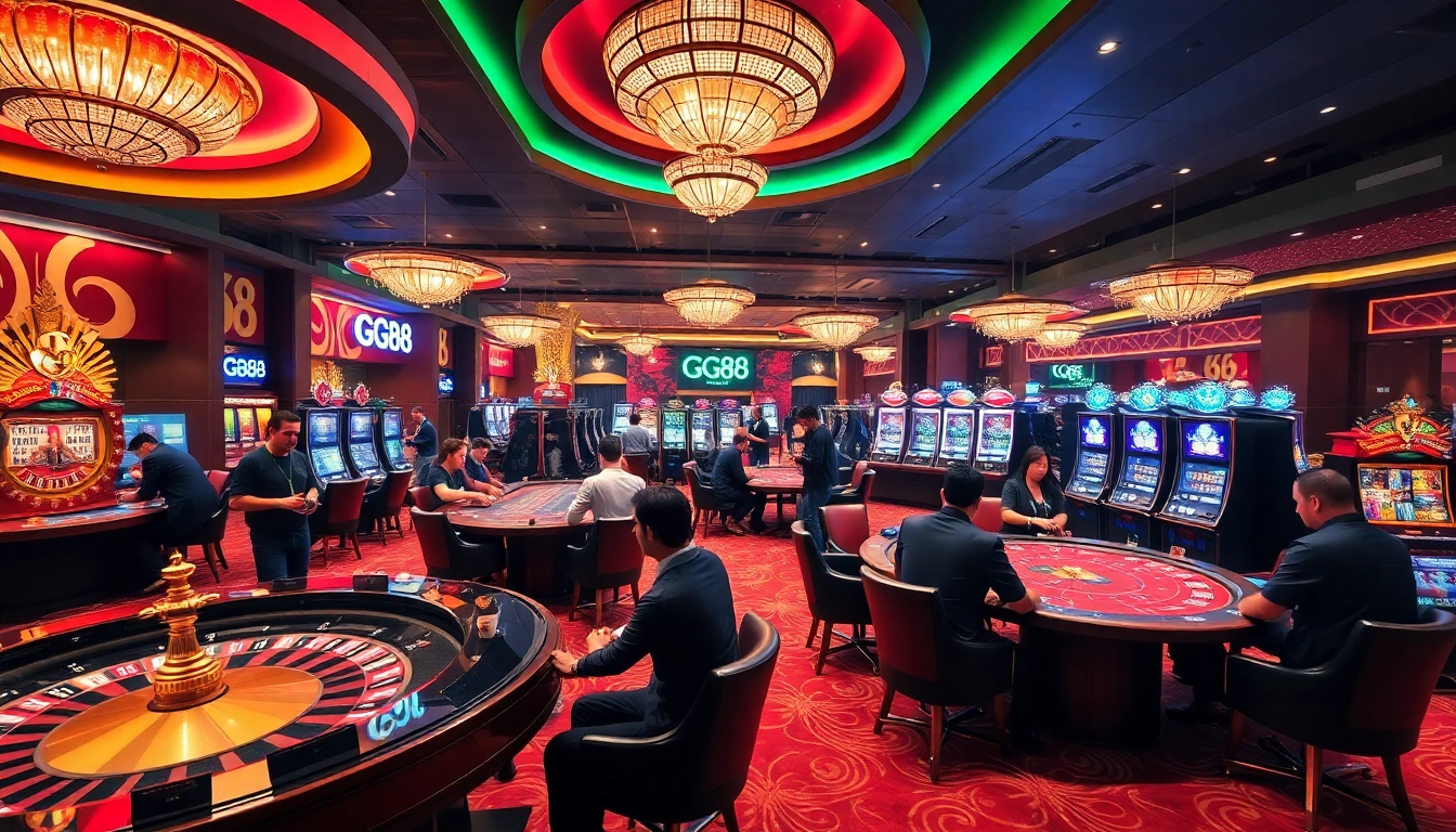 Experience thrilling gameplay at GG88's vibrant casino with roulette and poker tables.