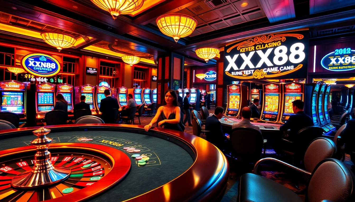 Casino excitement with players at tables and slot machines featuring XX88 branding.