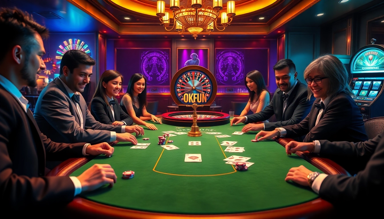 Players strategize at the OKFUN poker table in an elegant casino, surrounded by vibrant gaming elements.