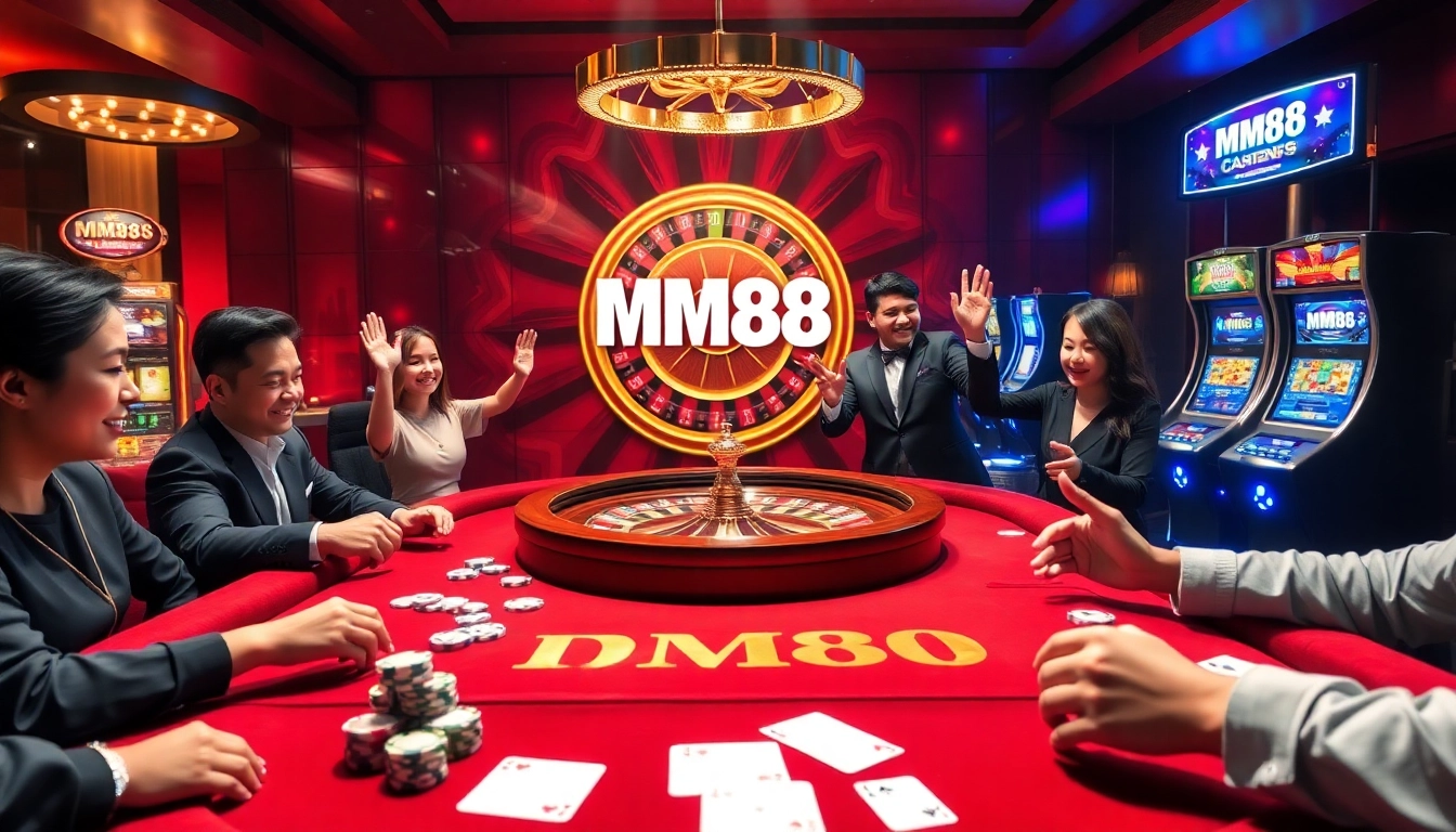 Players enjoying a thrilling game at MM88's vibrant casino table filled with chips and cards.