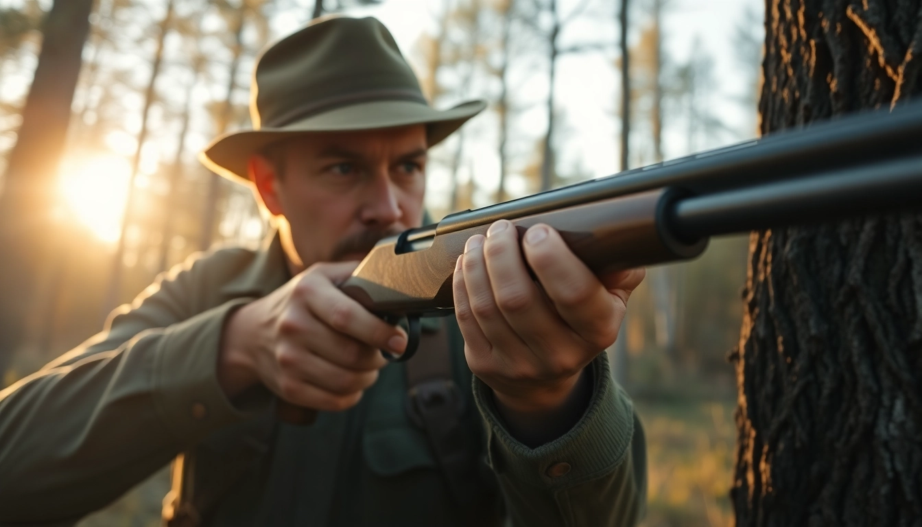 Outdoorsman aiming a vintage Winchester rifle chambered for 32 win Special in a serene forest.