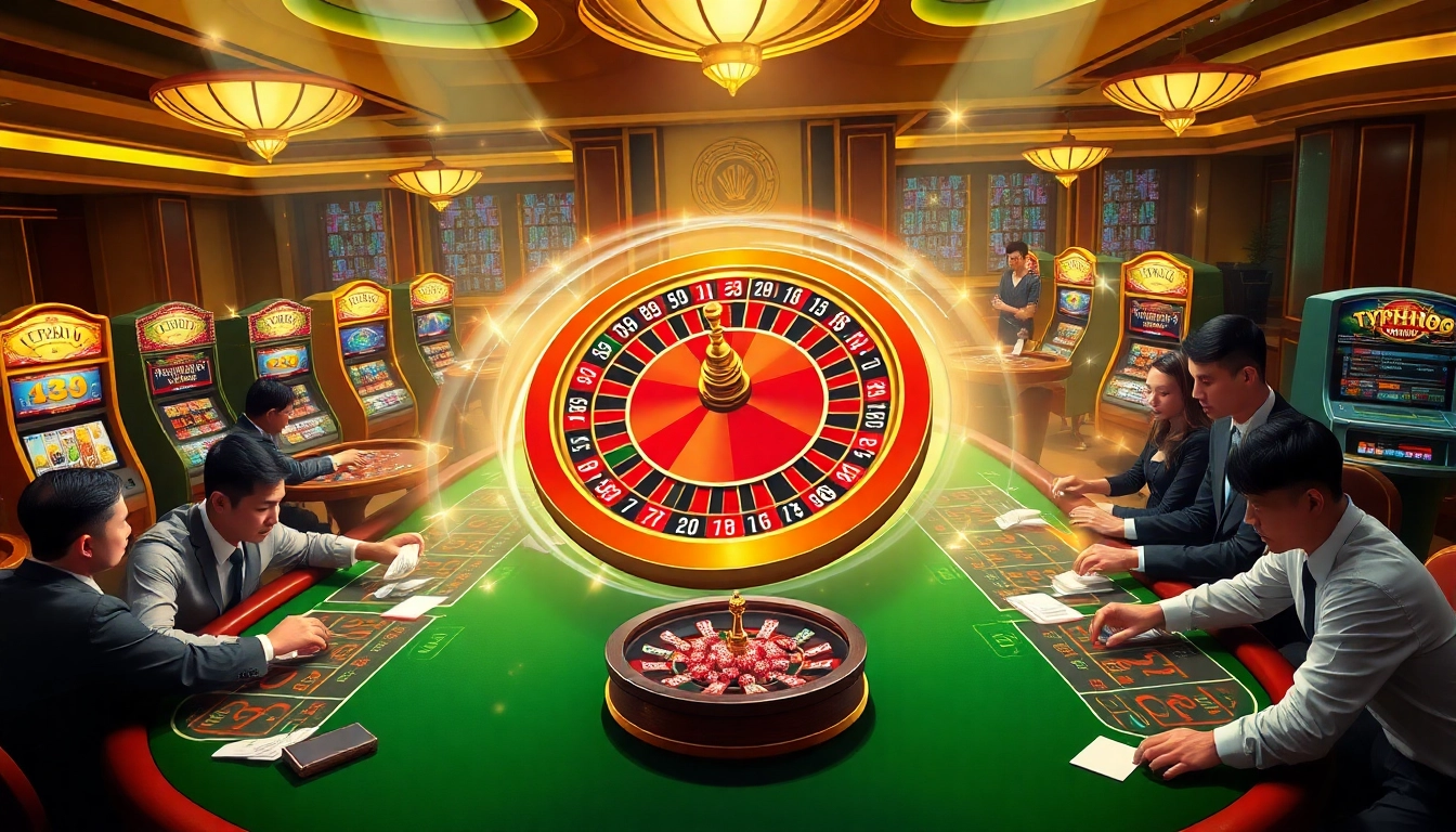 Typhu88 - vibrant casino scene with roulette, poker tables, and slot machines.