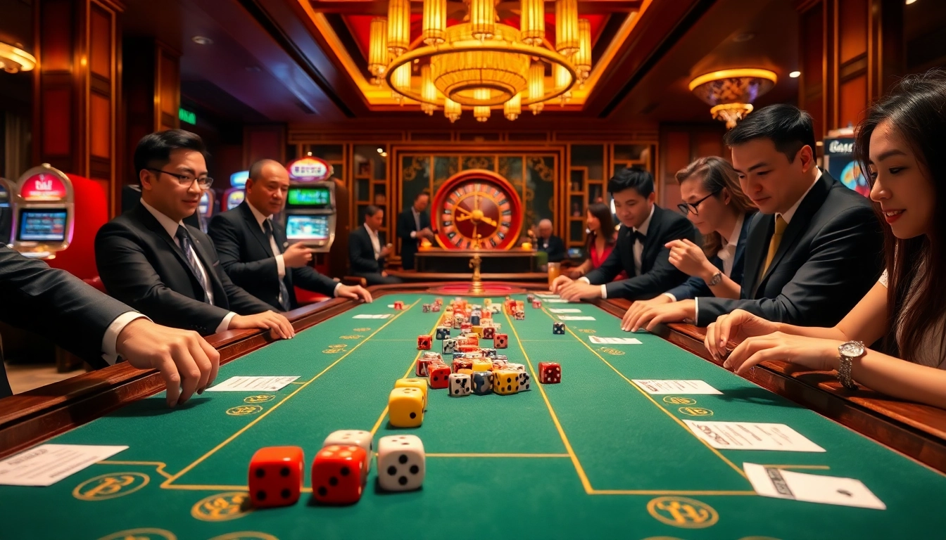 Tài xỉu MD5 game table in a vibrant casino setting, showcasing players placing bets.