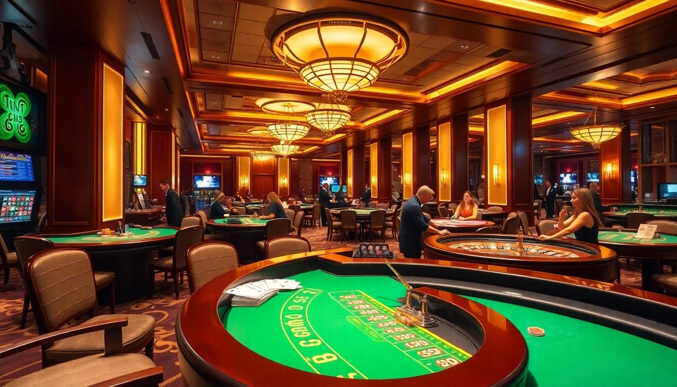 Mint88 gaming excitement with vibrant casino tables and enthusiastic players.