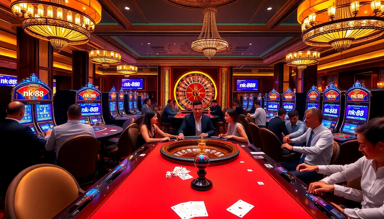 Players enjoying various games at nk-88 casino, featuring vibrant slot machines and roulette.