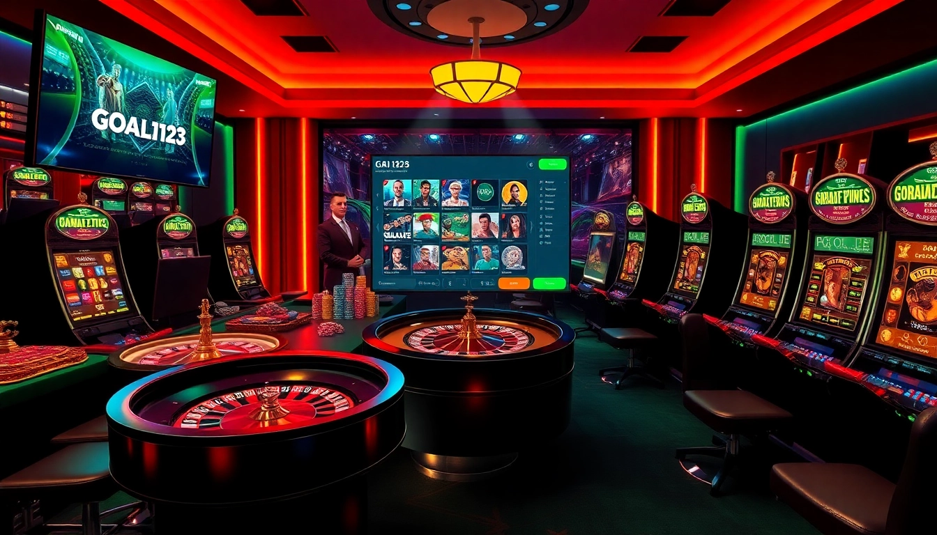 Experience high-stakes gaming at Goal123 with vibrant roulette wheels and professional poker setups.