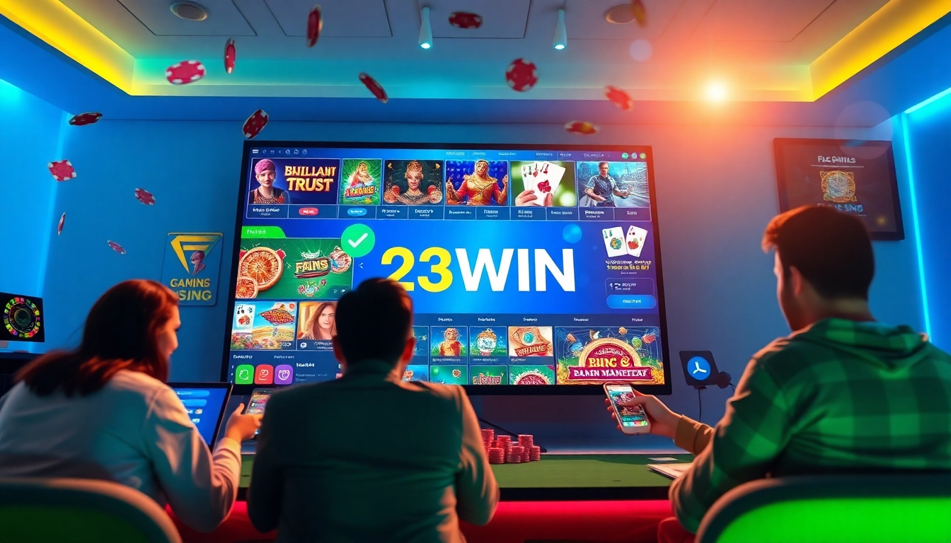 23WIN online gaming platform showcasing diverse players and vibrant casino games in a secure setting.