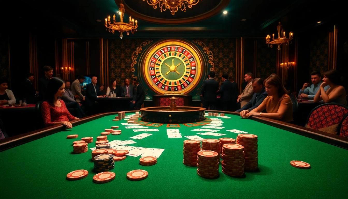 Players engaging in poker at the luxurious casino table showcasing https://x88.law/ with vibrant chips.