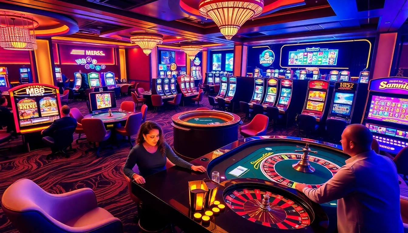 Players winning big at an m88 casino table, surrounded by vibrant slot machines and roulette wheels.