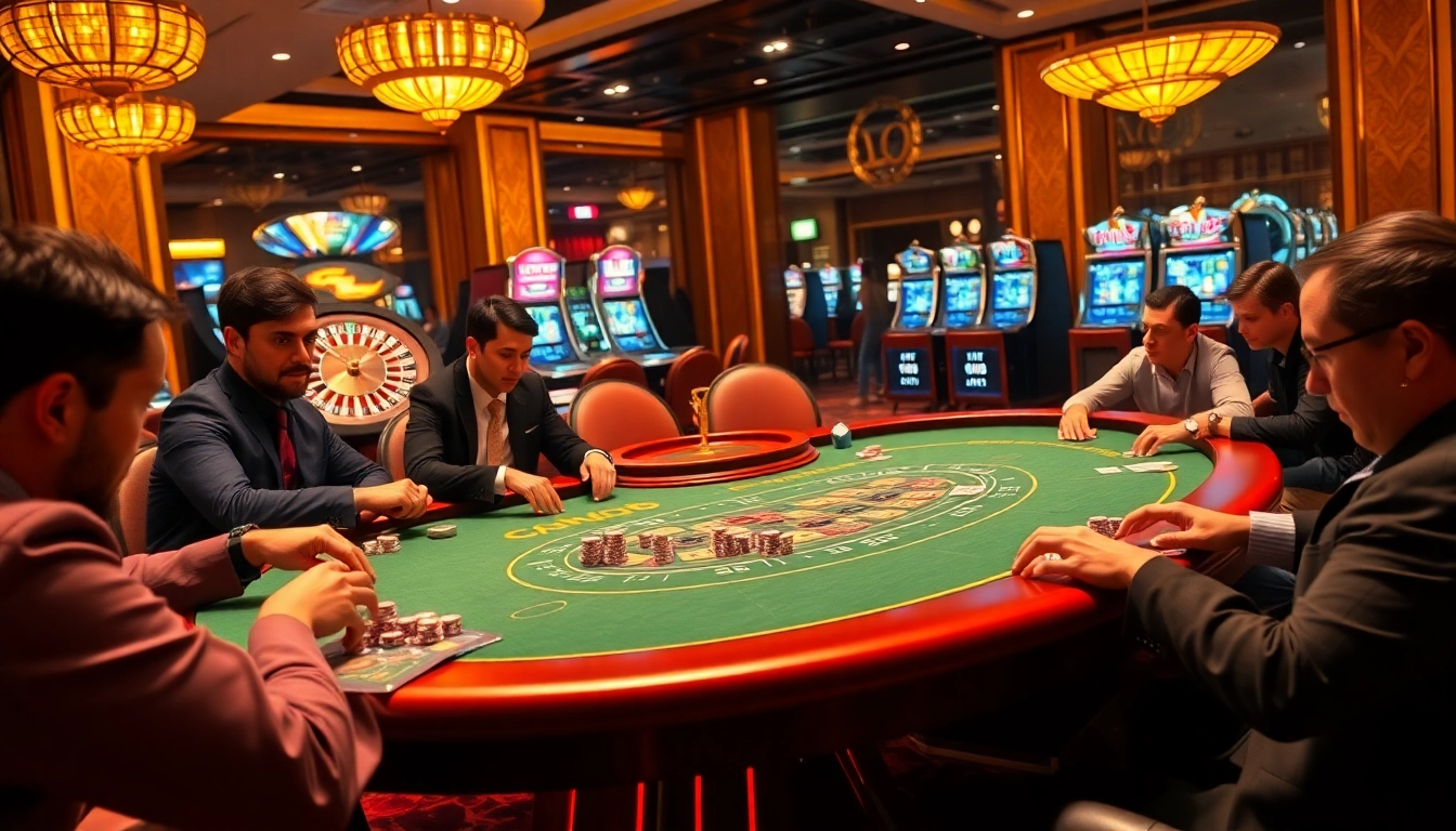 Players engage in an intense poker game at a luxurious casino table for https://g28.tech/ showcasing gambling excitement.
