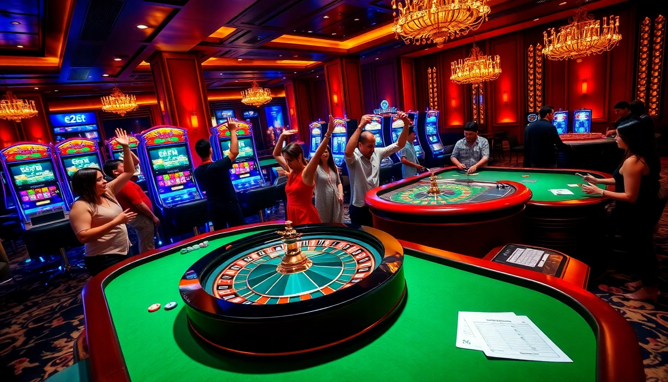 Experience the thrill of e2bet gaming with vibrant casino tables and an exciting roulette wheel.