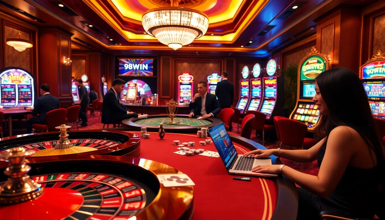Excitement of gamblers enjoying the 98WIN online casino experience with vibrant gaming elements.