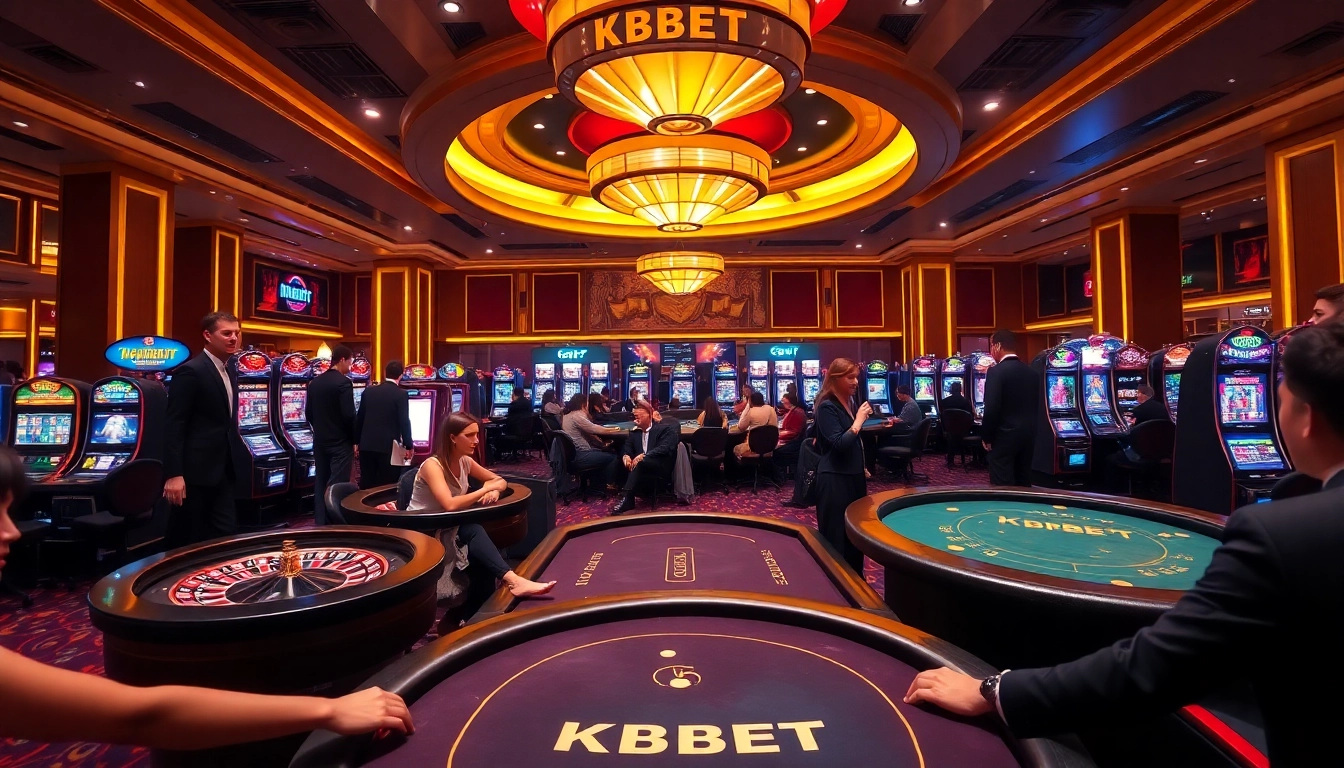 Players enjoy thrilling games at KBBET casino, showcasing exciting poker tables and vibrant slot machines.
