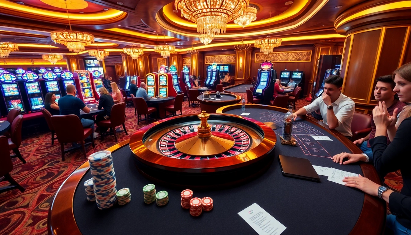 Experience the excitement of okfun with vibrant poker tables and roulette wheels in action.