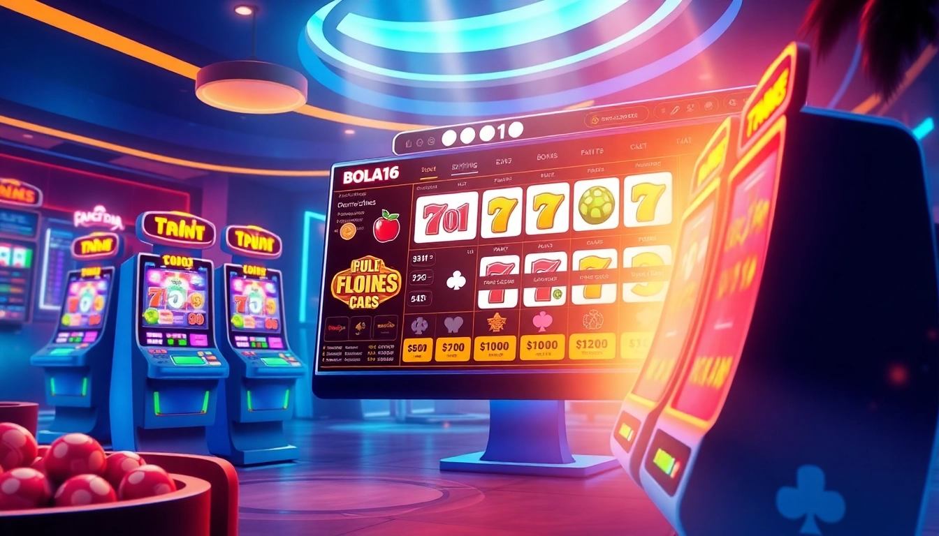 BOLA16 online gaming interface featuring vibrant slot machine graphics and a modern design, ideal for gamers.