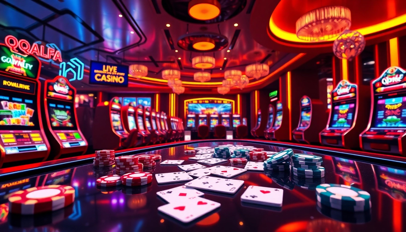Experience thrilling gameplay with QQALFA's stylish online casino atmosphere, featuring vibrant slot machines and poker chips.
