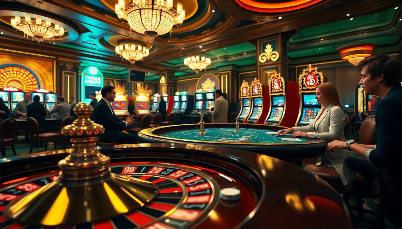 Casino action at sv66.group with players enjoying roulette and poker games in a luxury setting.