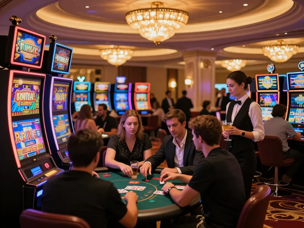 Engaged players at da88gg casino gaming floor, vibrant ambiance and active slot machines.