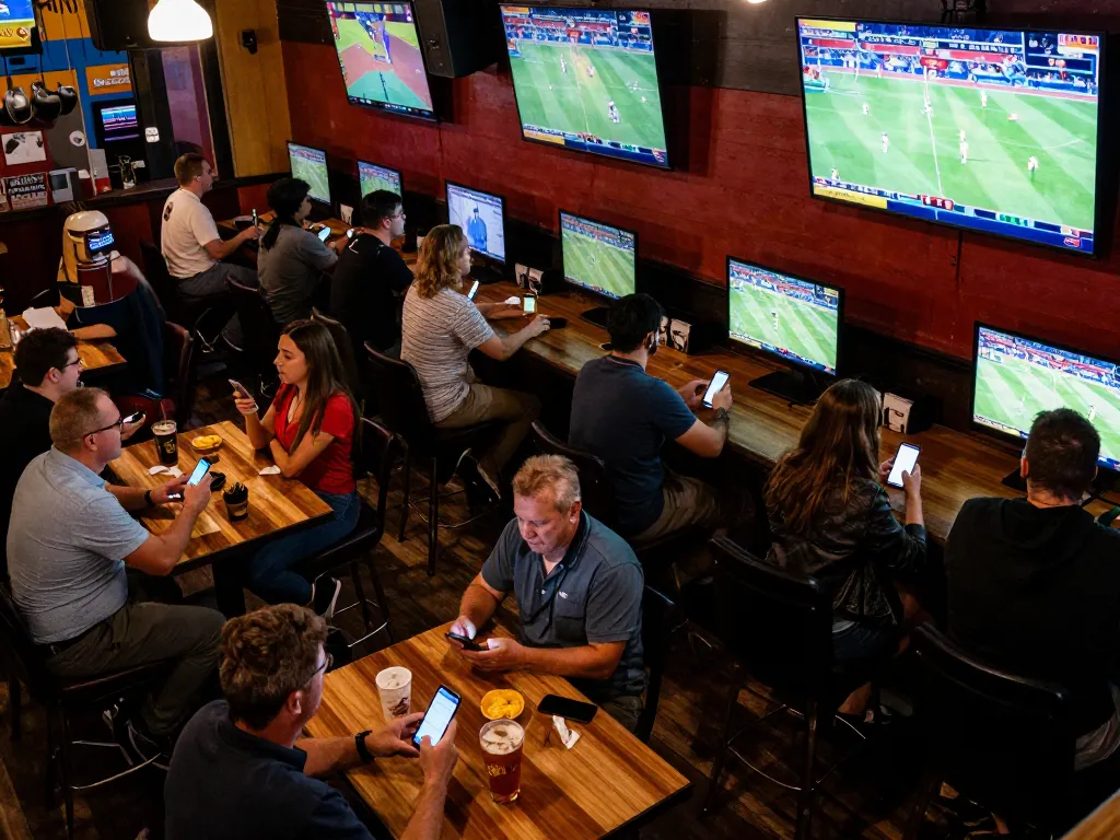 nhandinhkeonhacai sports enthusiasts placing bets in an energetic sports bar setting