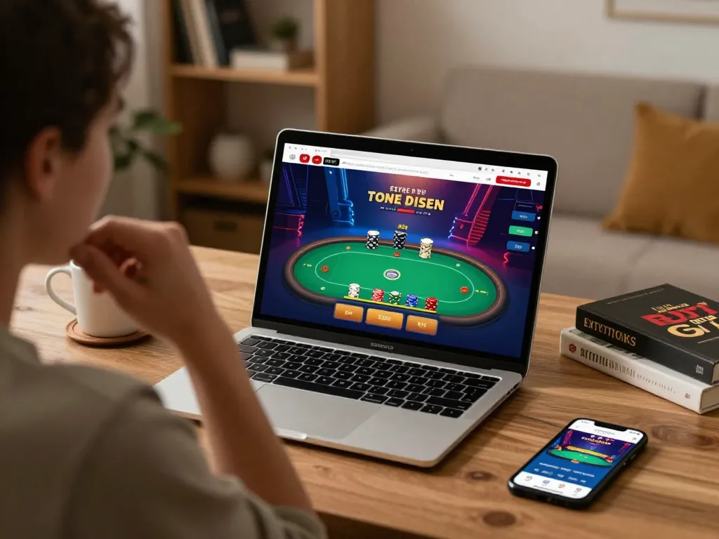 Engaging in a poker game on 577F platform while seated comfortably at home workspace.
